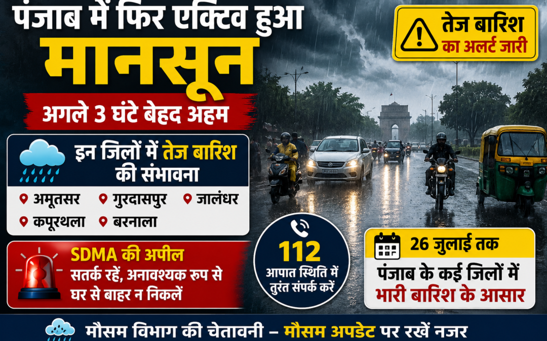पंजाब में बारिश को लेकर बड़ा अलर्ट: अगले 3 घंटे रहें सावधान, कई जिलों में तेज बारिश